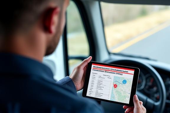 Ein Berufskraftfahrer, der auf einem Tablet an einem Online-Deutschkurs teilnimmt.