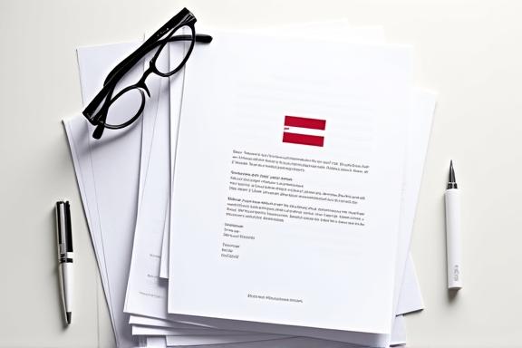 Ein Stapel offizieller österreichischer Dokumente mit einem Stift und einer Brille.