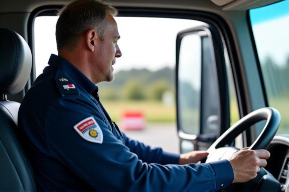 Ein LKW-Fahrer kommuniziert selbstbewusst mit einem Beamten an einer Grenzkontrolle.